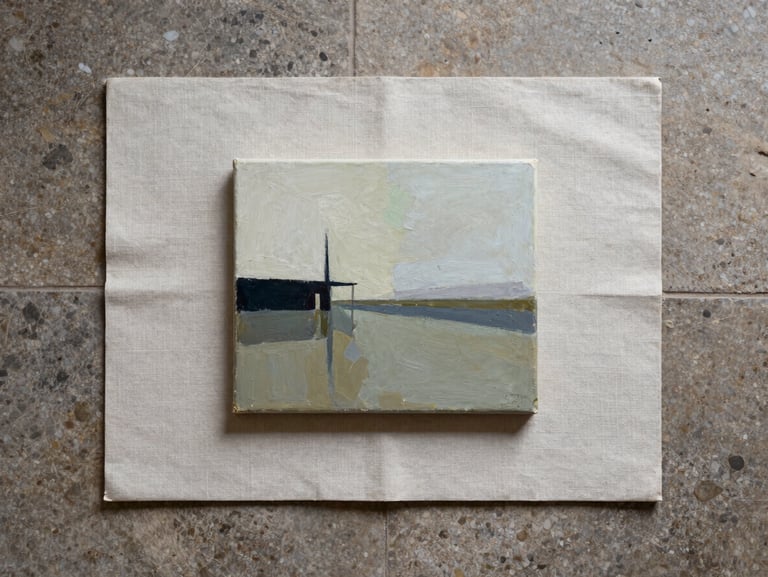 Flat overhead study of a small abstract painting on unfinished linen, resting on a stone floor, north-facing diffuse light, minimal texture, no shadow
