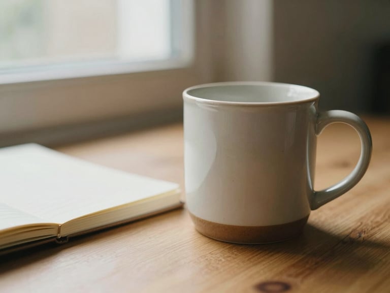 A close-up of a warm ceramic mug resting on a wooden table next to a soft notebook, gentle window light, shallow depth of field.