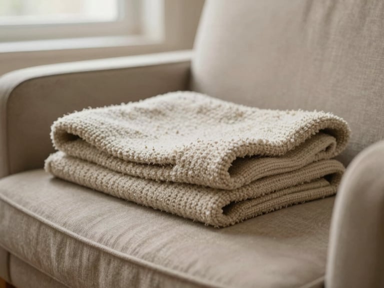 A close-up of a textured wool blanket folded neatly on a comfortable armchair in a warm, peaceful room, soft daylight.