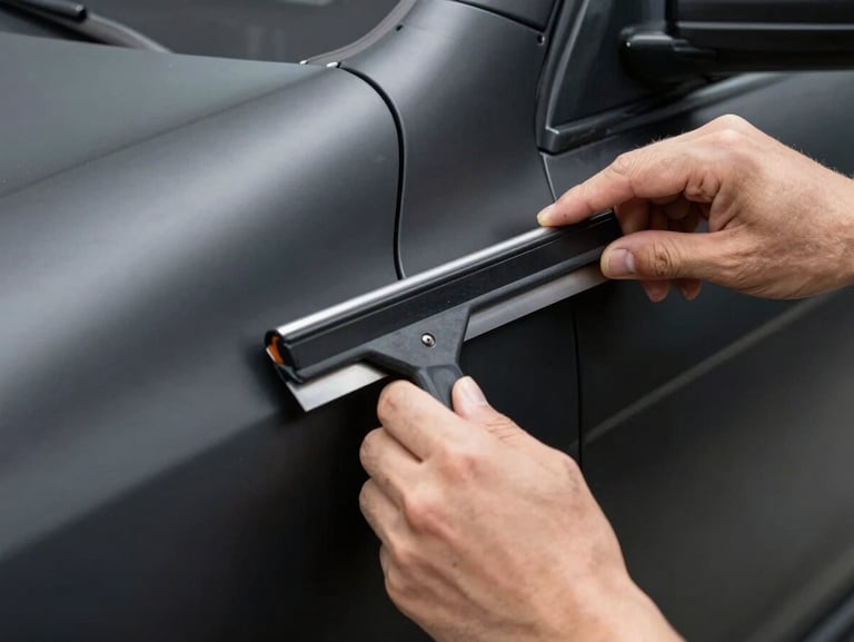 Macro shot of physical vinyl wrapping being applied to a matte black commercial vehicle, hands using a squeegee with precision