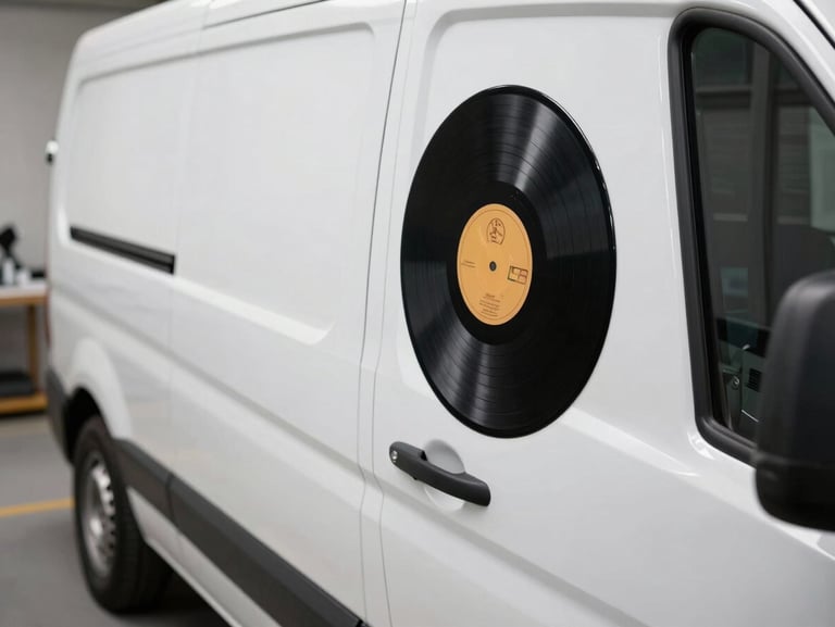 Macro shot of physical vinyl wrap being precisely applied to the side of a white van in a clean workshop.