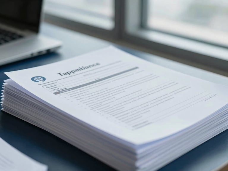 Close-up of organized tax compliance files and corporate paperwork, clean professional environment, cool-toned corporate lighting.