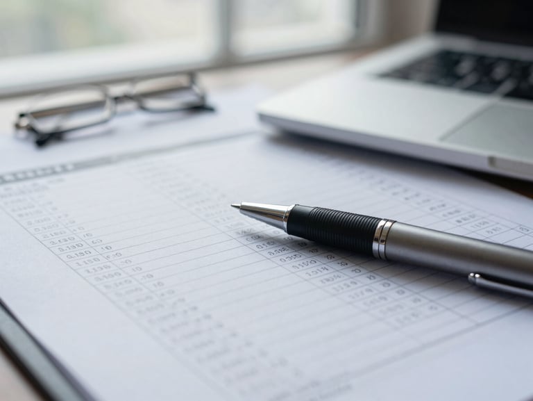 Macro shot of structured financial ledger documents on a desk, a premium pen resting on the page, sharp focus, cool window daylight.