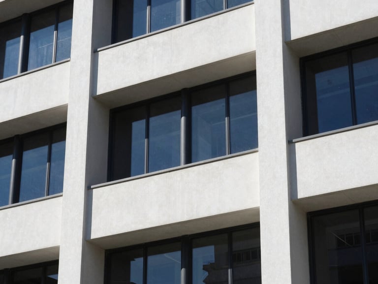 Architectural detail of a regional cooperative society building facade, clean structured lines, sharp focus, defined shadows.
