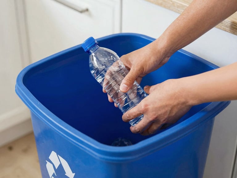 Hands placing a clean plastic bottle into a blue recycling bin in a bright California kitchen, natural daylight