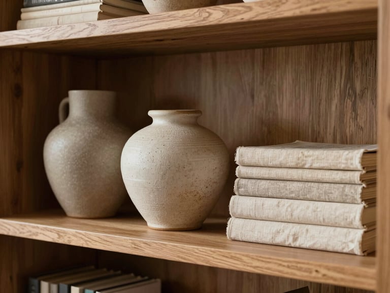 Close-up of a custom oak shelving unit holding textured ceramic vessels and neatly stacked linen books, warm diffused lighting.