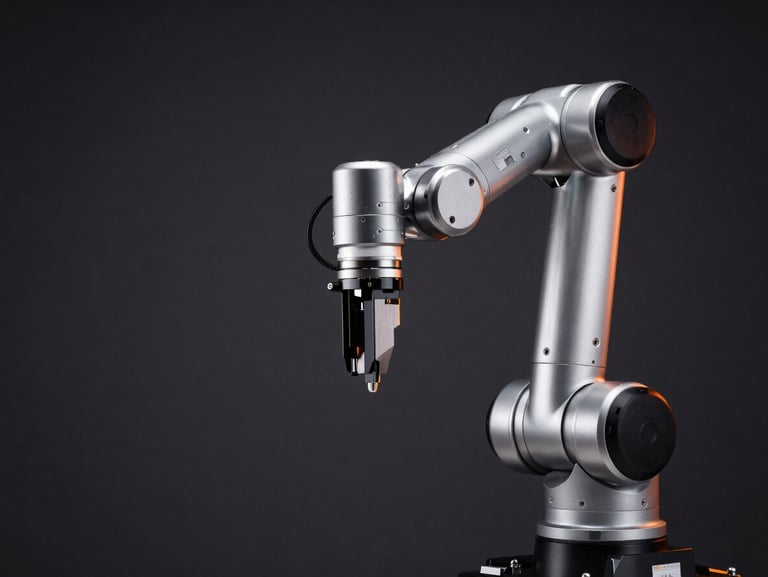 Crisp studio photography of a high-speed automated robotic arm gripper, stainless steel components, deep charcoal background, subtle orange rim light, high contrast.