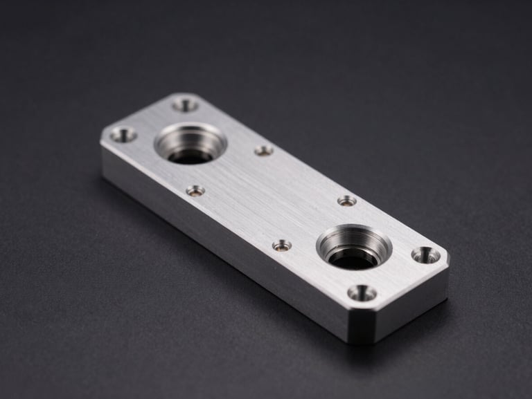 Crisp studio photography of an aerospace-grade CNC milled aluminum bracket, sharp mechanical details, deep charcoal background, subtle orange rim light, high contrast.