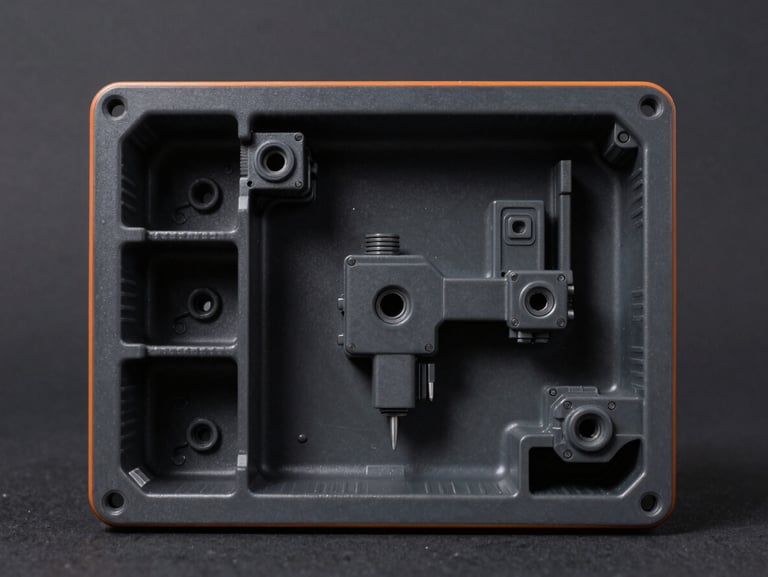 Crisp studio photography of a custom medical device enclosure, injection-molded plastic chassis, sharp mechanical details, deep charcoal background, subtle orange rim light.