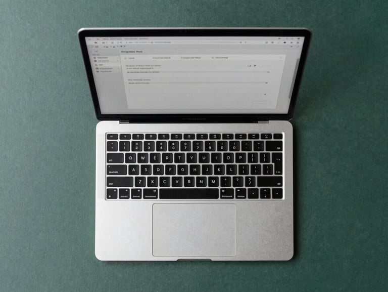 Top-down flatlay of a clean modern office desk with a laptop displaying a simple form, natural cool daylight, sharp focus, 35mm