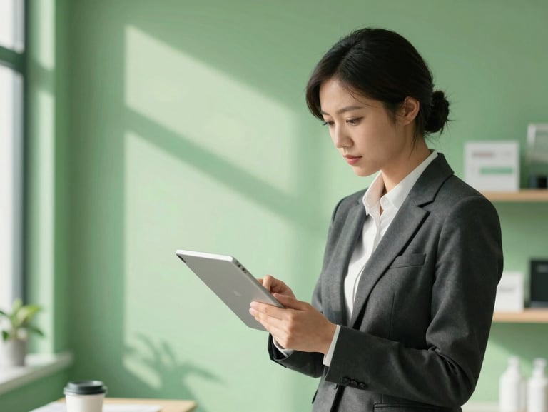A business owner in a bright local retail space looking at a tablet screen, soft natural lighting, realistic shadows, crisp green tones, 35mm