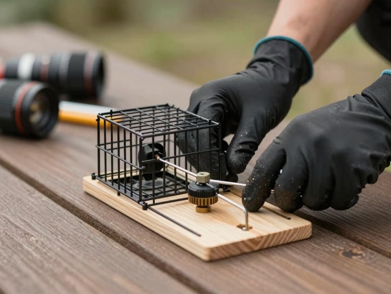 Close-up of a gloved technician's hands setting a humane cage trap against a wooden deck fascia board, overcast daylight, tools visible in background, no animals or faces in frame
