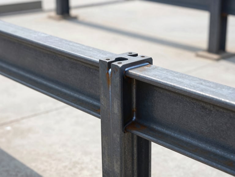 Macro detail of a heavy-duty steel frame joint with clean professional weld lines, black anti-rust coating, bright industrial factory lighting