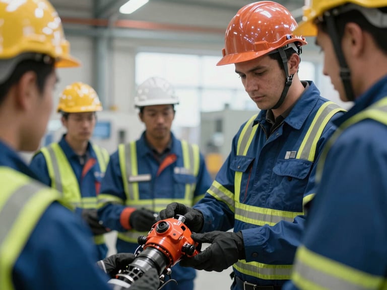 Industrial safety instructor demonstrating rescue equipment to a group of engineers in a clean industrial facility, professional lighting, close-up shot.