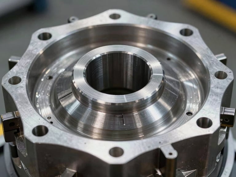 Macro close-up of a physical machined steel planetary gearbox housing, visible circular toolpaths on the polished metal surface, sharp workshop daylight reflecting off the edges.