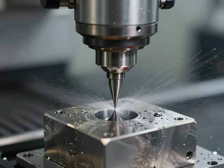 Macro video frame of a CNC milling tool cutting a precise slot into a block of raw titanium, cooling liquid spraying, clinical workshop lighting.