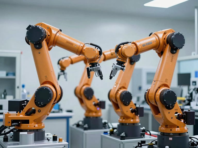 High-resolution video frame of a mechanical robotic arm performing continuous kinematic cycles in a clean laboratory.