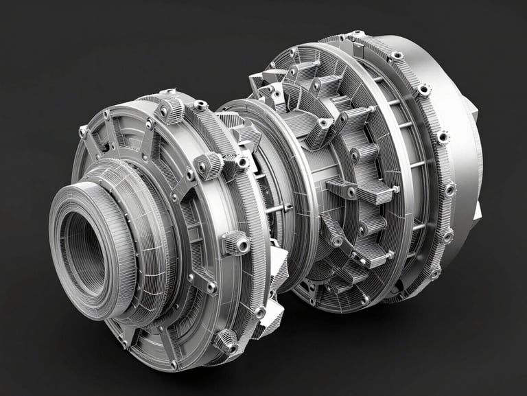 High-resolution 3D CAD render of a complex mechanical planetary gearbox on a dark background, crisp white wireframe lines showing precise geometric nodes, clinical studio lighting.