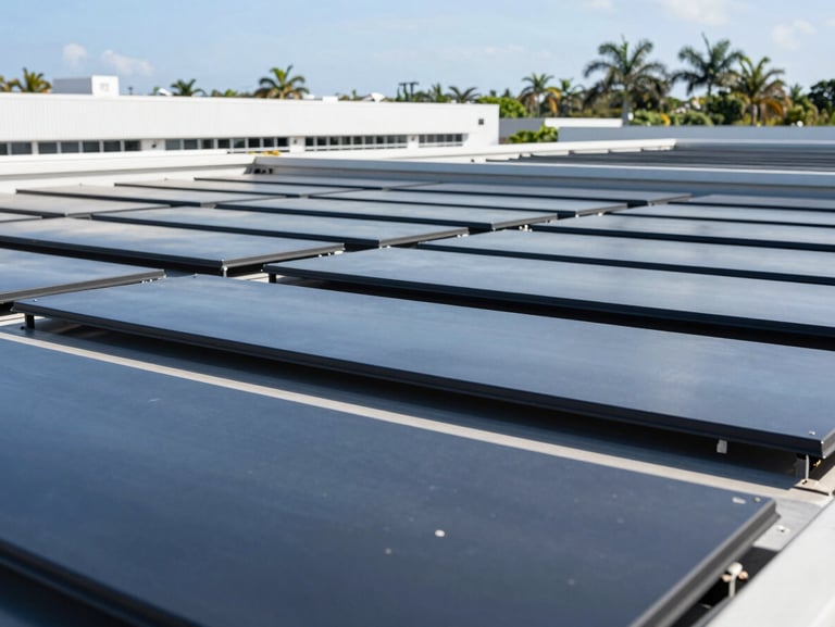 Installation of lightweight thermoacoustic roofing panels on a large logistics distribution center, bright sun, sharp focus