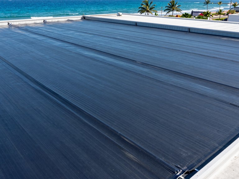 High-angle crisp architectural shot of heavy-duty waterproofing membranes heat-sealed on a massive port warehouse roof, bright coastal daylight