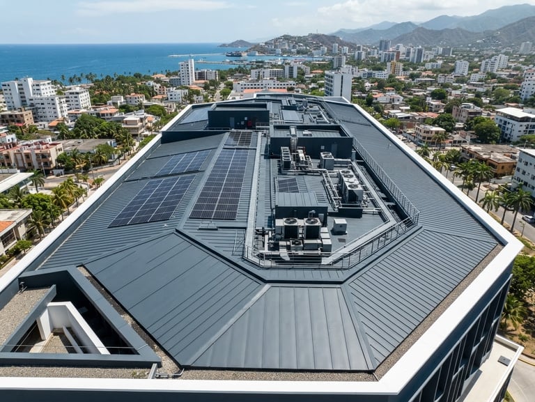 High-angle architectural shot of a newly installed lightweight thermoacoustic roof on a commercial building in Santa Marta, bright tropical daylight, high contrast, clean technical lines.
