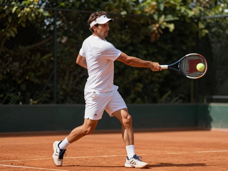 Action shot of an off-duty doctor in athletic wear mid-swing, hitting a powerful forehand on a red clay court under bright afternoon sunlight, shallow depth of field.
