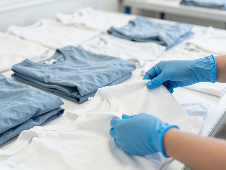 Hands in blue gloves sorting delicate garments in a clean, bright laundry facility, natural light