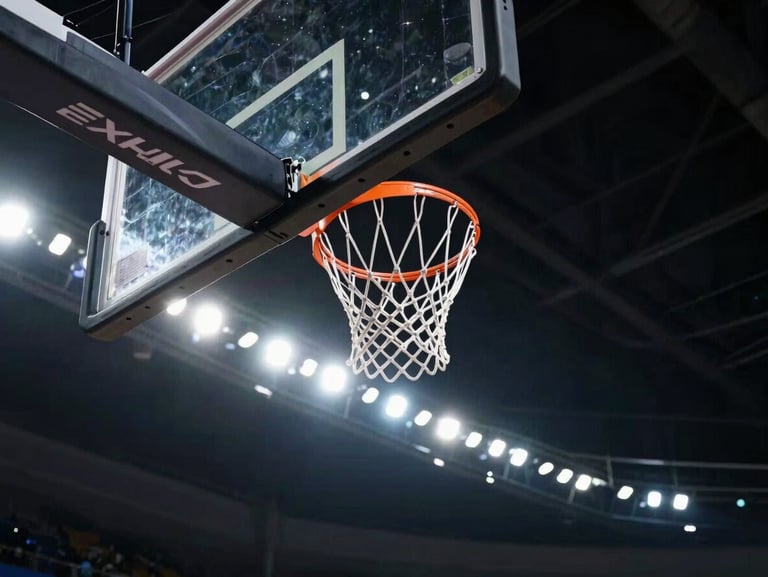 Dramatic low-angle shot of a basketball hoop against a dark stadium ceiling, bright floodlights creating a halo effect, high contrast.