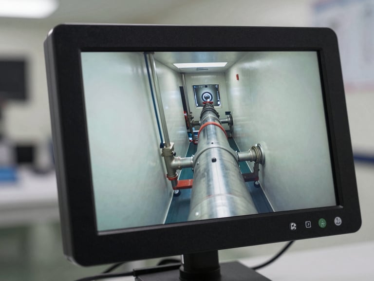 Close-up of a high-definition video inspection monitor showing clean interior of a pipeline, bright professional lighting, technical precision.