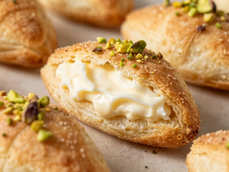 Macro shot of fresh shobiyet pastry, creamy kaymak filling visible, warm afternoon light casting soft shadows
