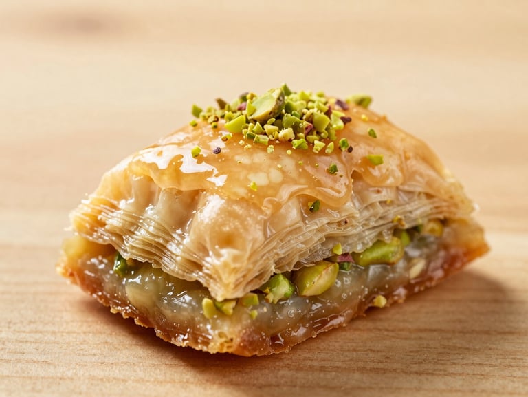Macro close-up of a single piece of crispy pistachio baklava, glistening syrup, crushed pistachios on top, warm wooden table background
