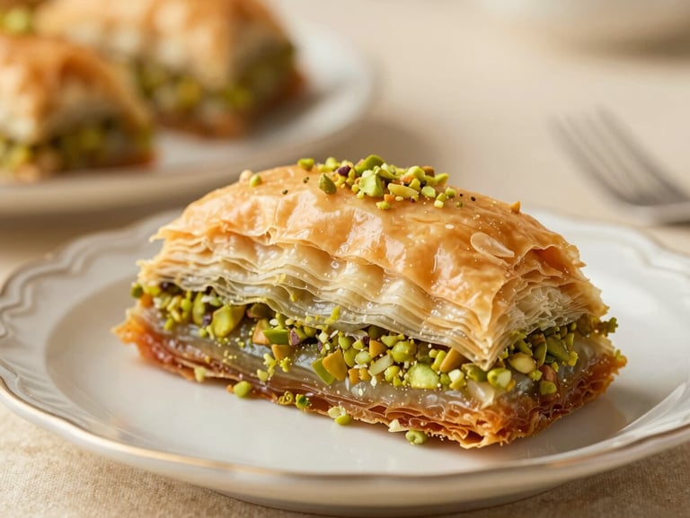 Side view of a large carrot-slice baklava piece on a vintage plate, flaky layers clearly visible, warm lighting