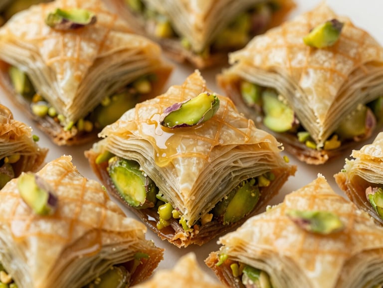 Overhead close-up of crispy wire kadayif with bright green pistachios showing through, glistening syrup