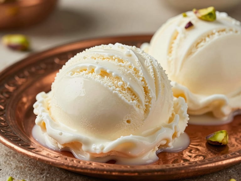 Close-up macro shot of glistening white Maraş ice cream texture on a traditional copper plate, soft side-light, warm rustic background.