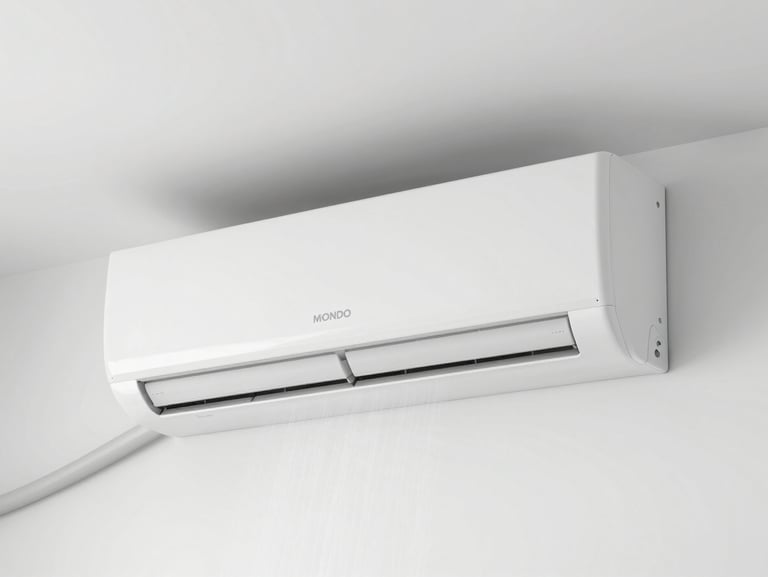 A clean, modern split AC unit mounted on a sterile white wall, with a subtle stream of crisp, cool air visually indicated by clean lighting, high-key natural daylight.