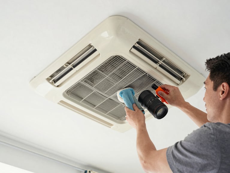 A certified technician carefully cleaning the dust-filtration system of a ducted AC unit in a premium residential ceiling, bright natural lighting, professional tools visible.