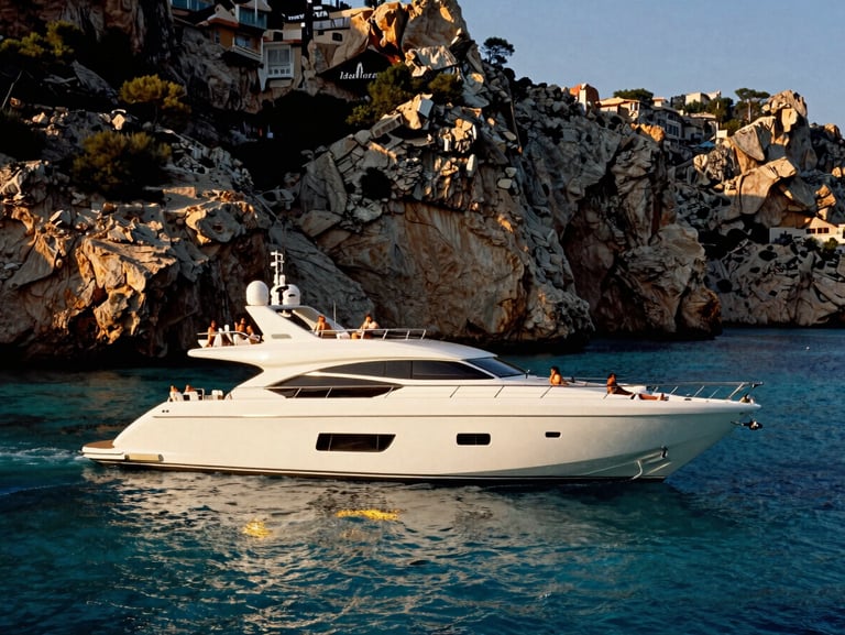 Sleek luxury yacht cruising along the stunning cliffs of Mallorca during a golden sunset, crystal clear turquoise water, elegant people relaxing on deck, high contrast, 35mm film