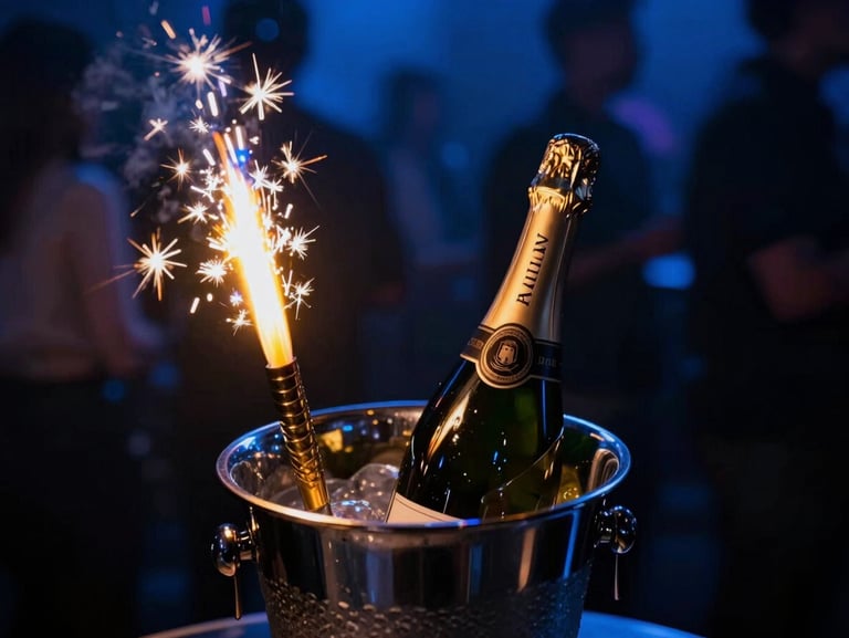 Close-up of a premium champagne bottle in a silver ice bucket with sparklers, glowing gold and electric blue background of a luxury VIP table in Palma, high contrast, moody nightlife photography
