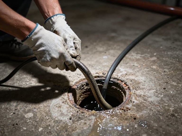 Plumber's gloved hands feeding a motorized snake cable into an underground pipe access in a Brussels basement, work-light casting hard shadows on concrete floor, water visible at the pipe mouth, no face shown