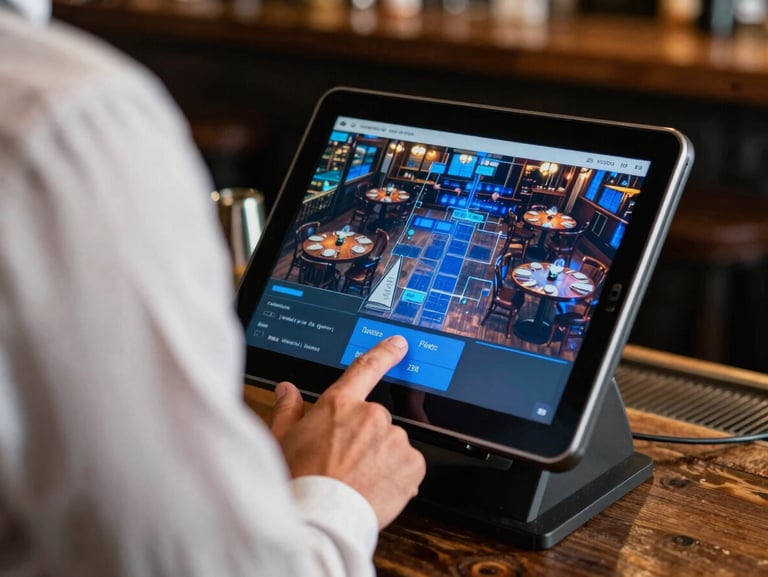 Close-up over-the-shoulder shot of a waiter tapping a tablet POS terminal, displaying a visual map of restaurant tables highlighted in electric blue, rustic bar background