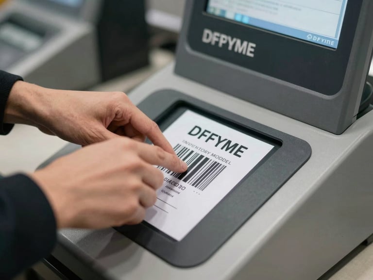 Close-up of hands scanning a product barcode at a modern retail checkout terminal showing the DFPYME inventory module.