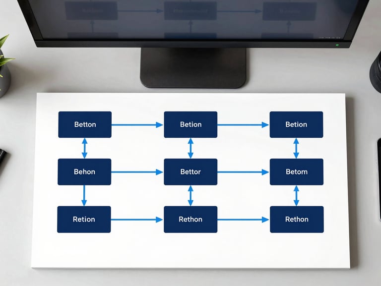 Overhead flat lay of a clean desktop displaying a structured, node-based workflow diagram on a monitor, electric blue lines connecting data blocks, high contrast, technical precision.