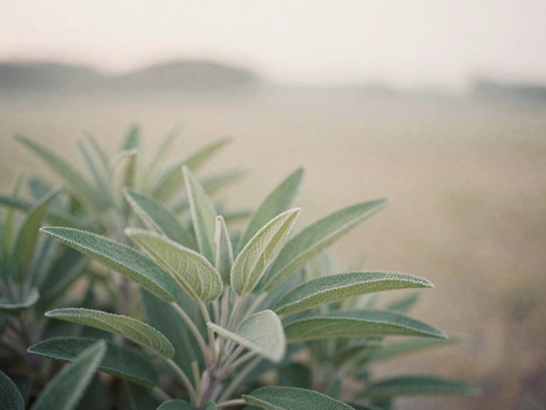 Muted green sage leaves in a soft focus, diffused morning light, quiet natural landscape