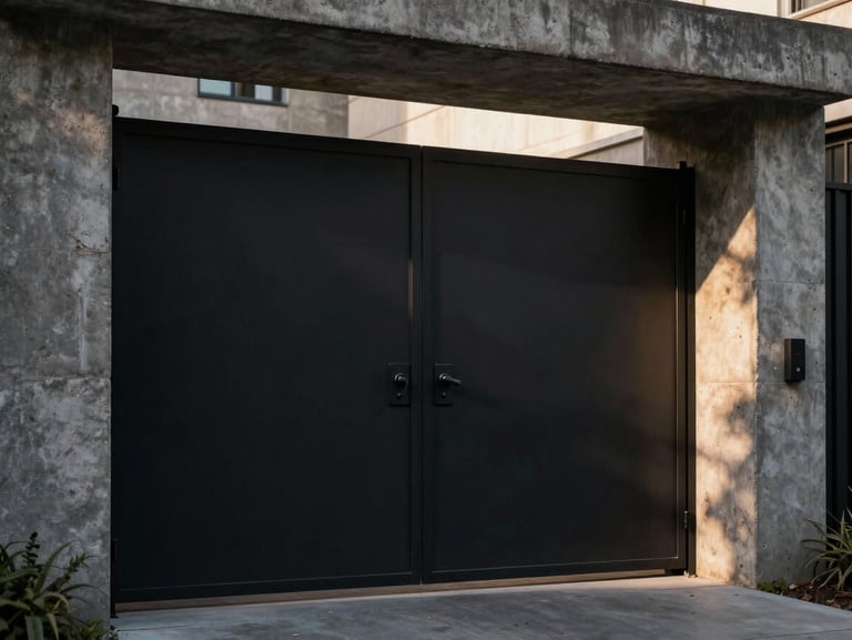 A monumental matte black iron gate integrated into a modern concrete and stone entrance, architectural scale, dramatic daylighting.