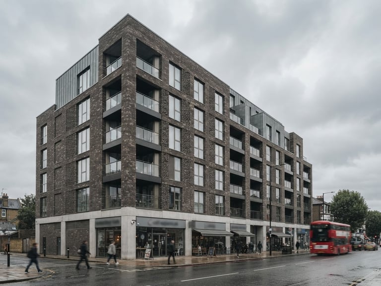 Exterior architectural shot of a modern brick building on Uxbridge Road London, overcast daylight, desaturated tones, 35mm lens