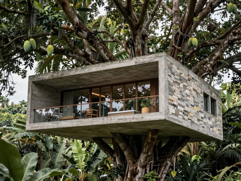 A modern eco-friendly treehouse resort built into old growth mango trees, architectural concrete meeting natural Zanzibari stone