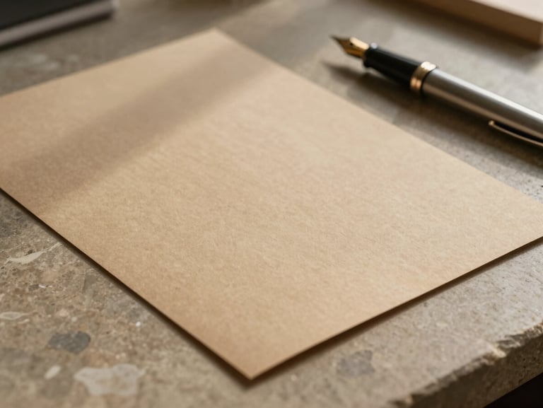 Close-up of high-quality heavy sand-colored paper and a classic fountain pen on a warm stone desk. Soft directional side-light casting elegant shadows, minimalist architectural lines.