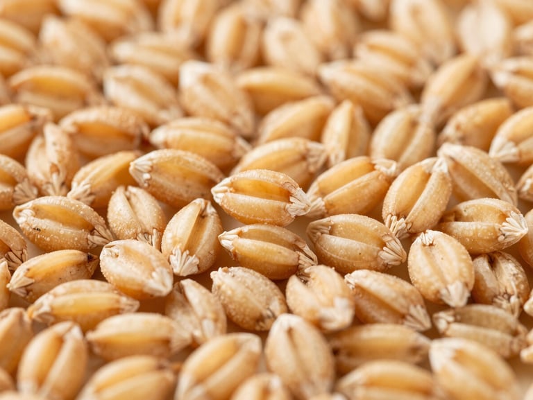 Macro close-up of perfectly sorted, clean, high-grade golden wheat grains, bright high-contrast morning light, razor-sharp focus on the texture of individual kernels.