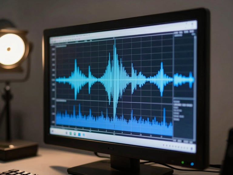 Close-up of a spectrum analyzer screen showing a dense signal waterfall, annotated frequency bands in blue, cool studio light from the left, sharp detail on the display, workspace in soft focus behind, no faces