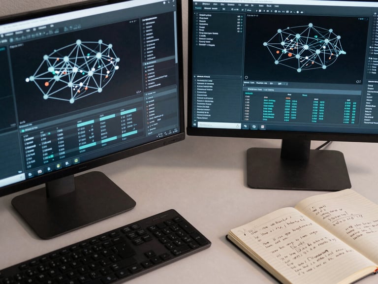 Close-up overhead view of a workstation — two monitors showing layered data analysis interfaces and network graphs, keyboard and notebook with written methodology notes, neutral cool studio light, no faces visible